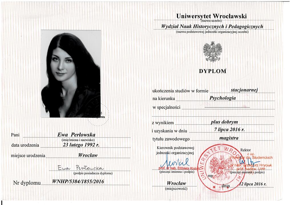 Dyplom psychologa Uniwersytetu Wrocławskiego